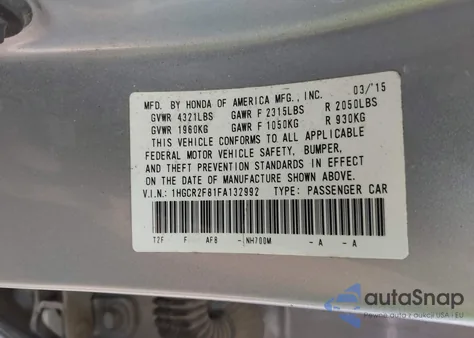 2015 Honda Accord Ex-L из США, поврежденный, VIN 1HGCR2F81FA132992